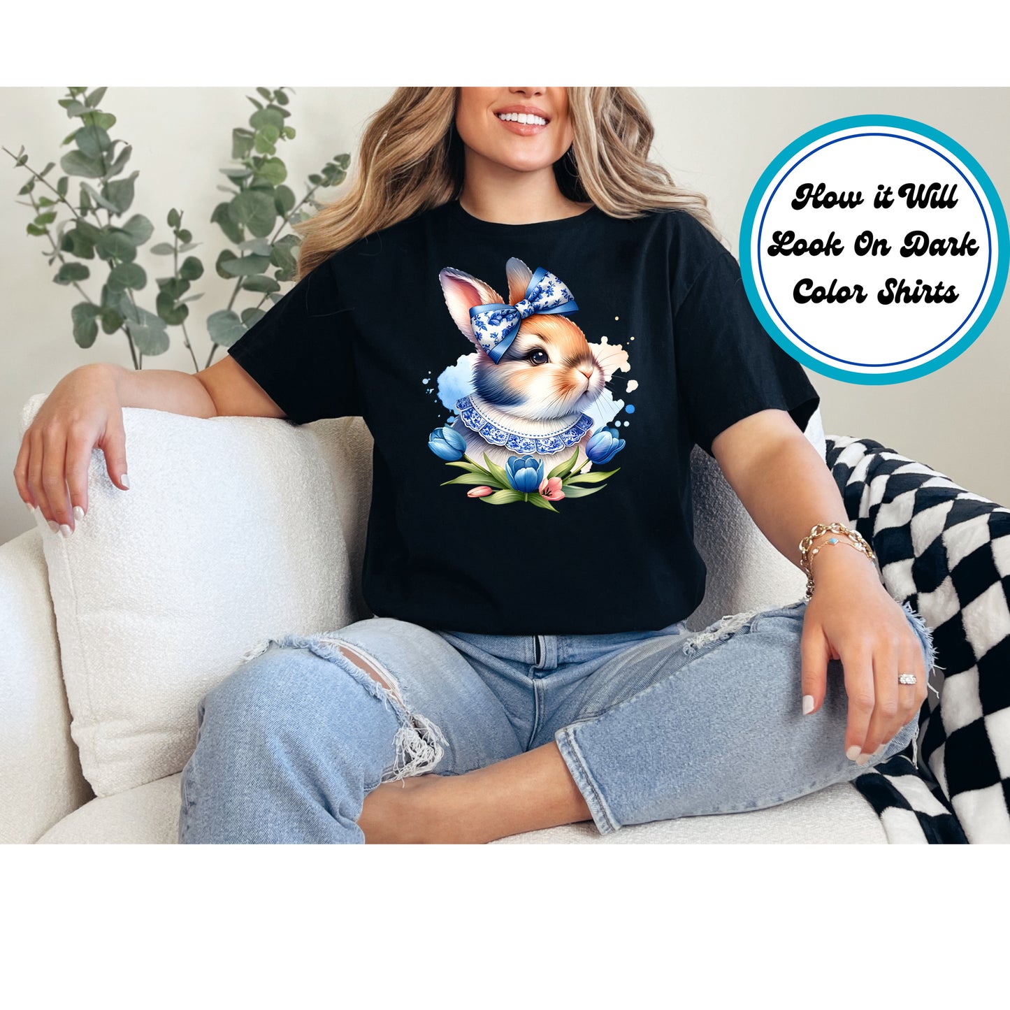 Easter DTF Transfer Iron On Heat Transfer - Ready to Press, Blue Chinoiserie Bunny DTF Transfer | Ready to Press | Easter Design 4566