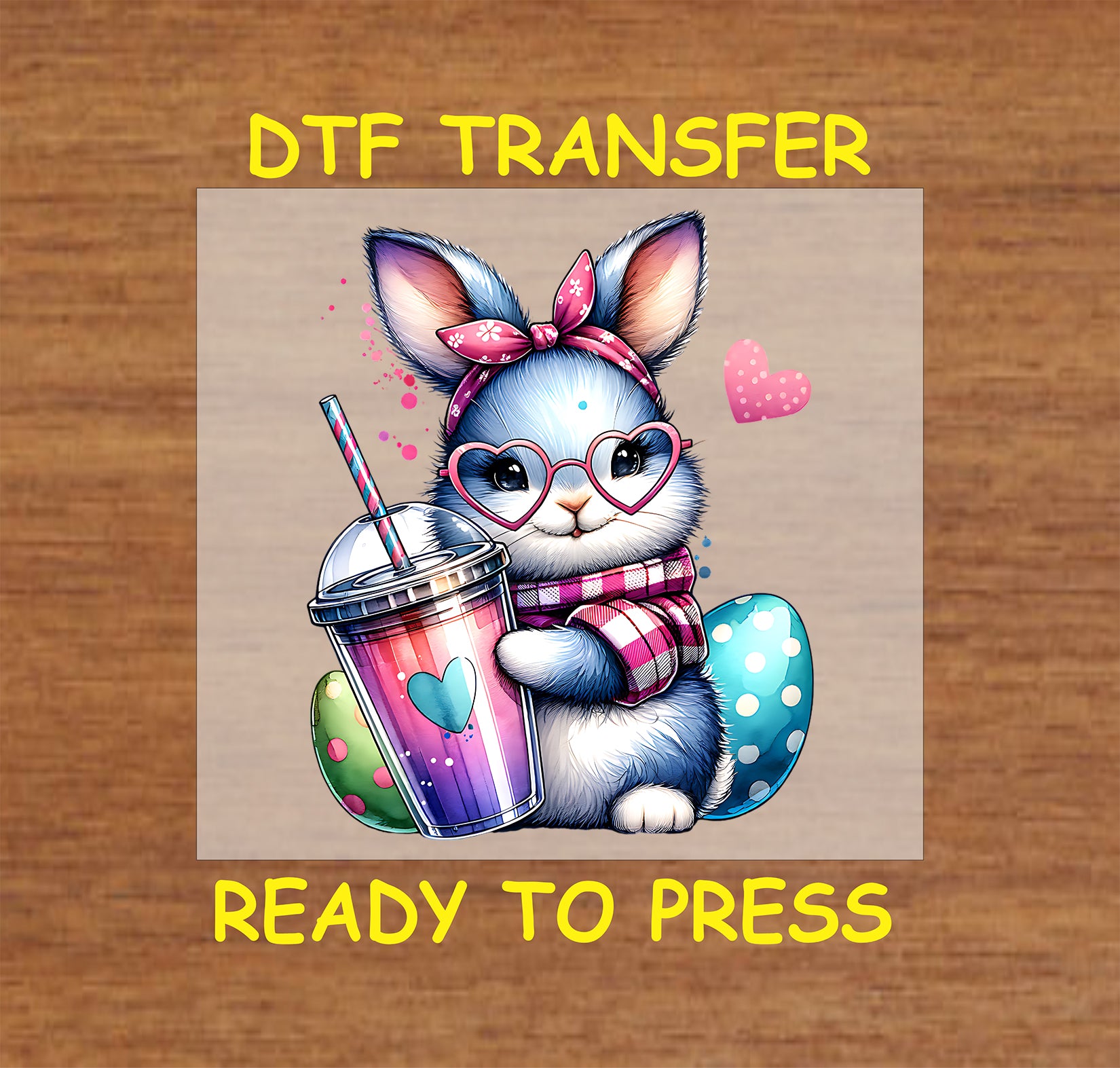 Cute bunny with heart glasses, a bow, and a pastel drink, surrounded by Easter eggs.