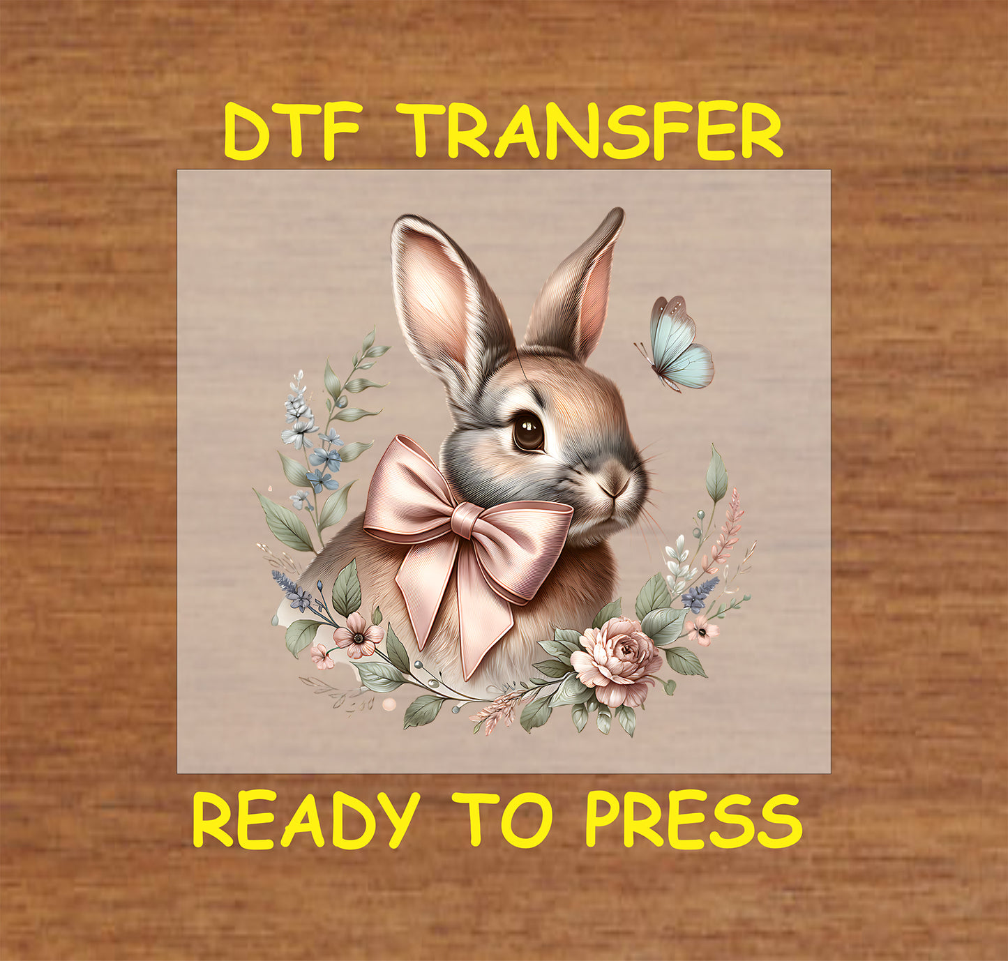 Vintage-style bunny with a satin bow, surrounded by soft florals and a butterfly.
