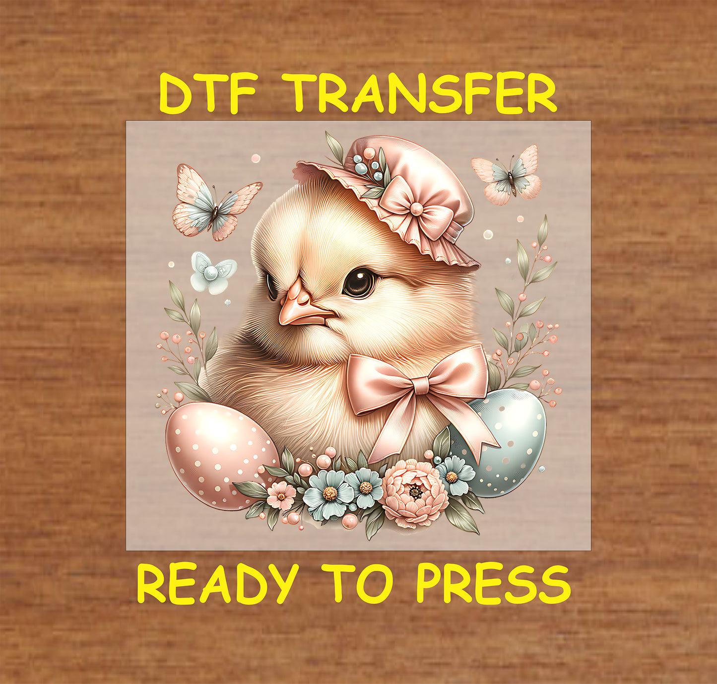 Vintage-style Easter chick with bonnet, bow, pastel eggs, and floral accents.