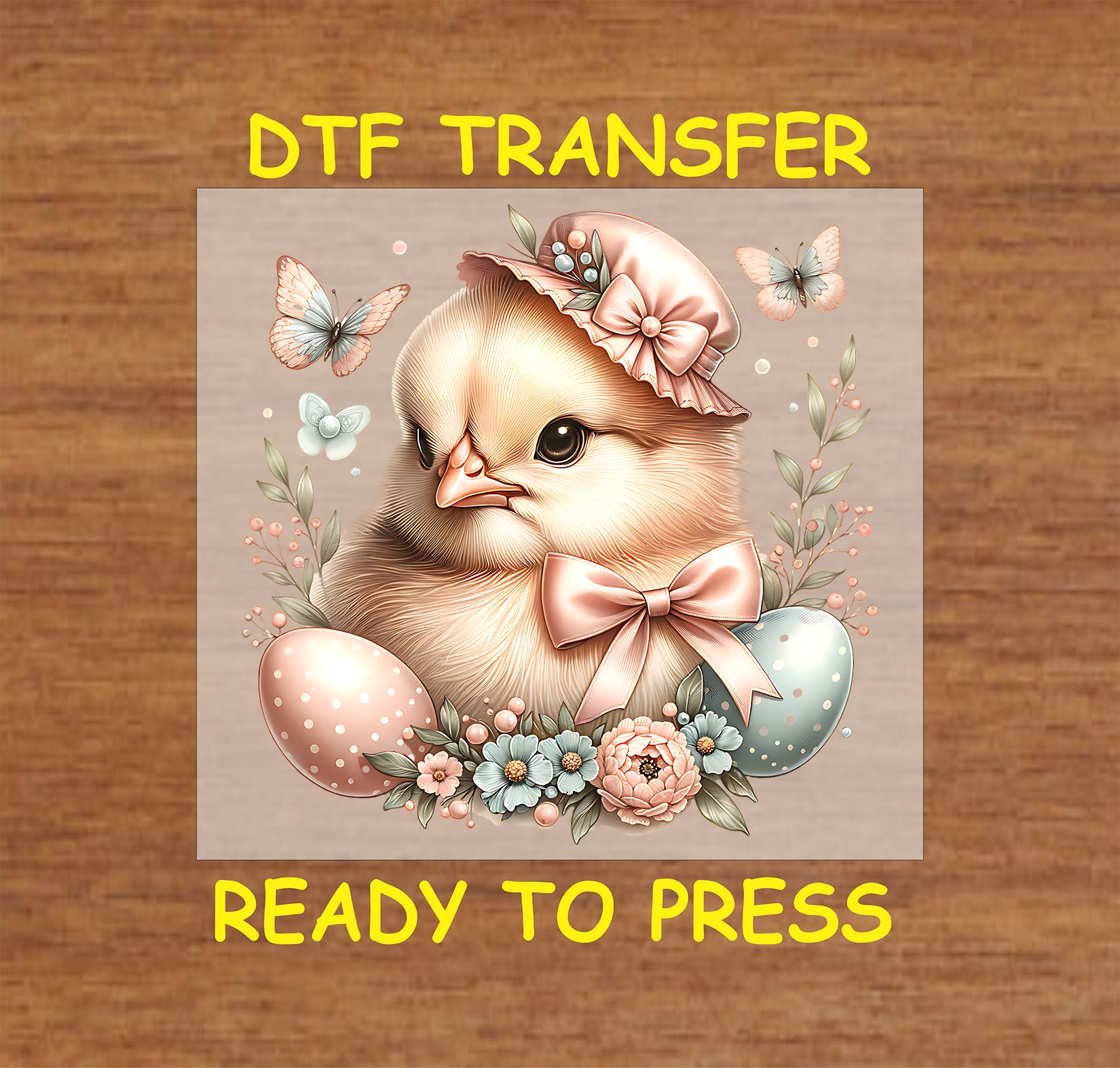 Vintage-style Easter chick with bonnet, bow, pastel eggs, and floral accents.