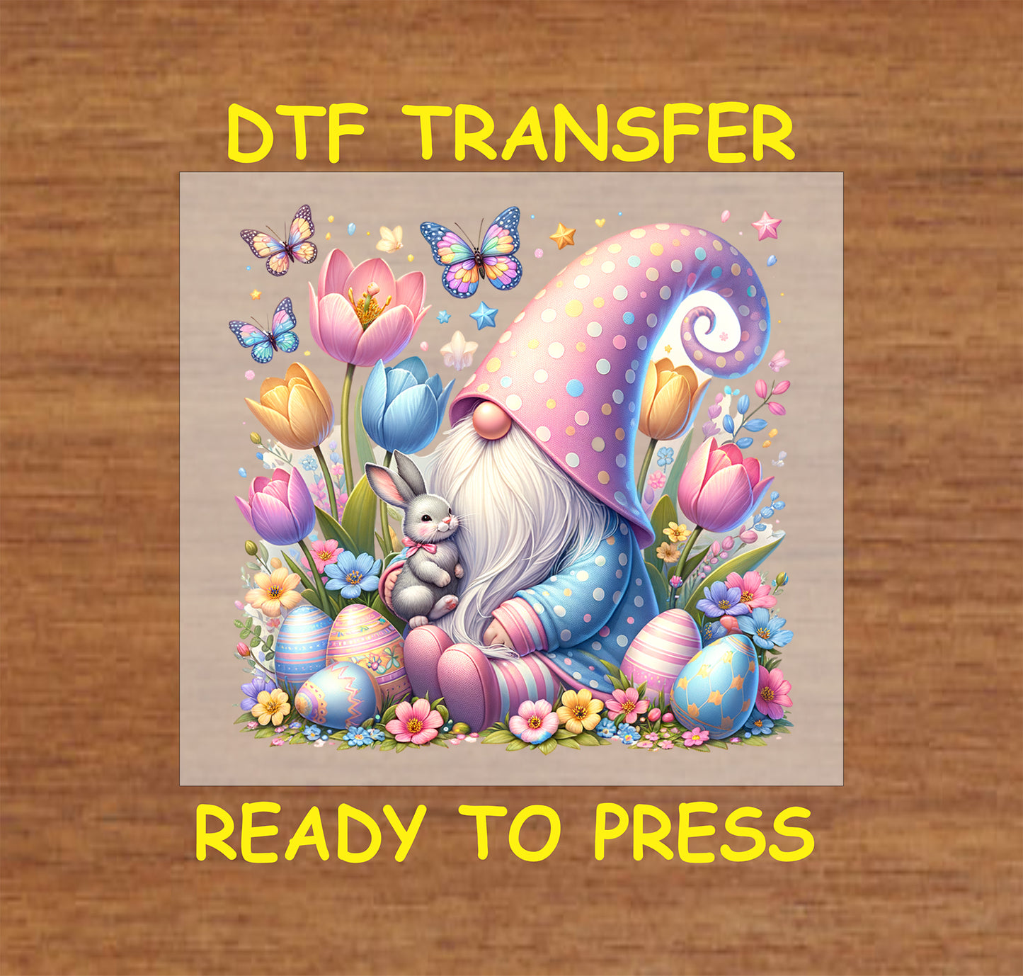 Easter gnome holding a bunny with spring flowers, butterflies, and Easter eggs.
