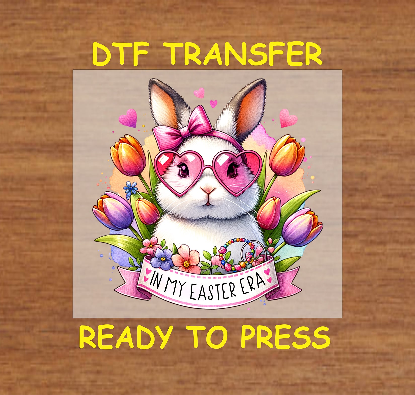 Bunny with heart sunglasses, a bow, and tulips, with "In My Easter Era" text.