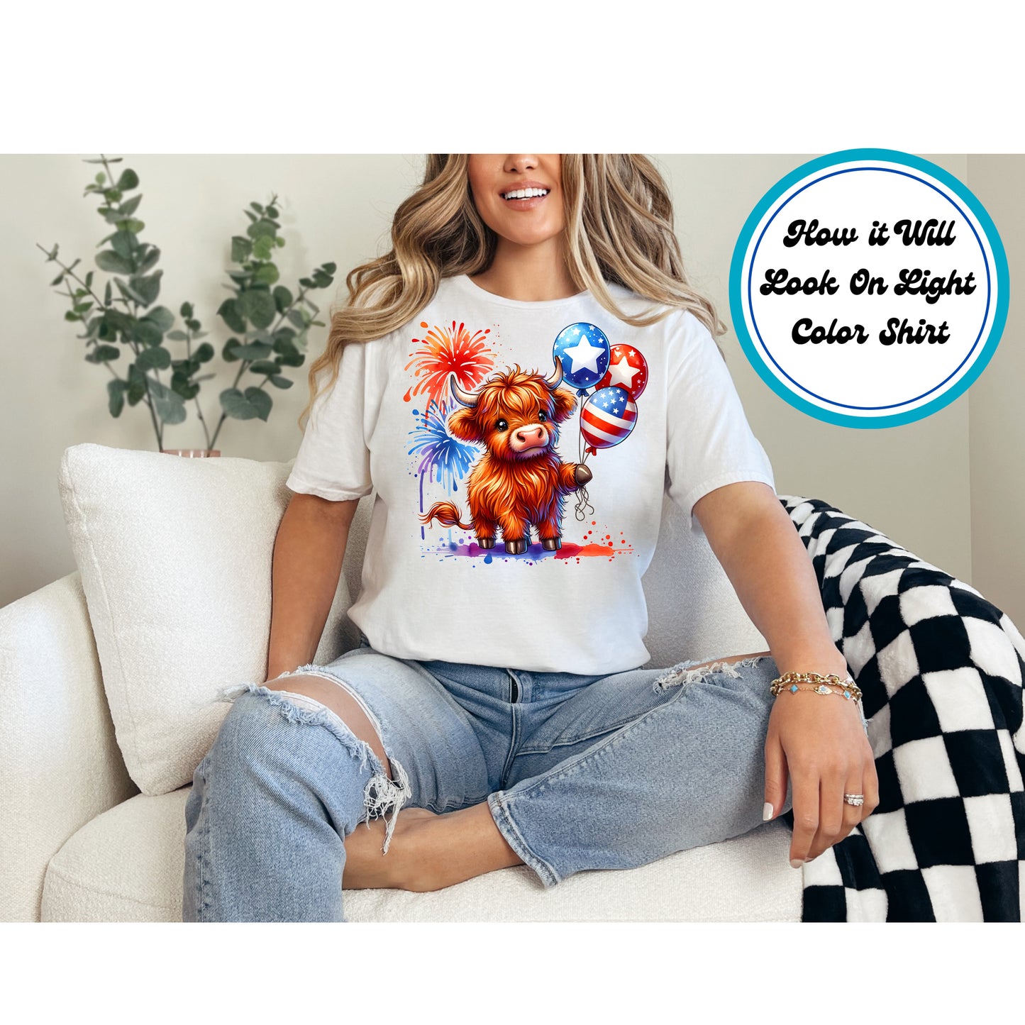 4th of July DTF Transfer Iron On Heat Transfer - Ready to Press, Patriotic Highland Cow DTF Transfer | Ready to Press | 4th of July Design 4602