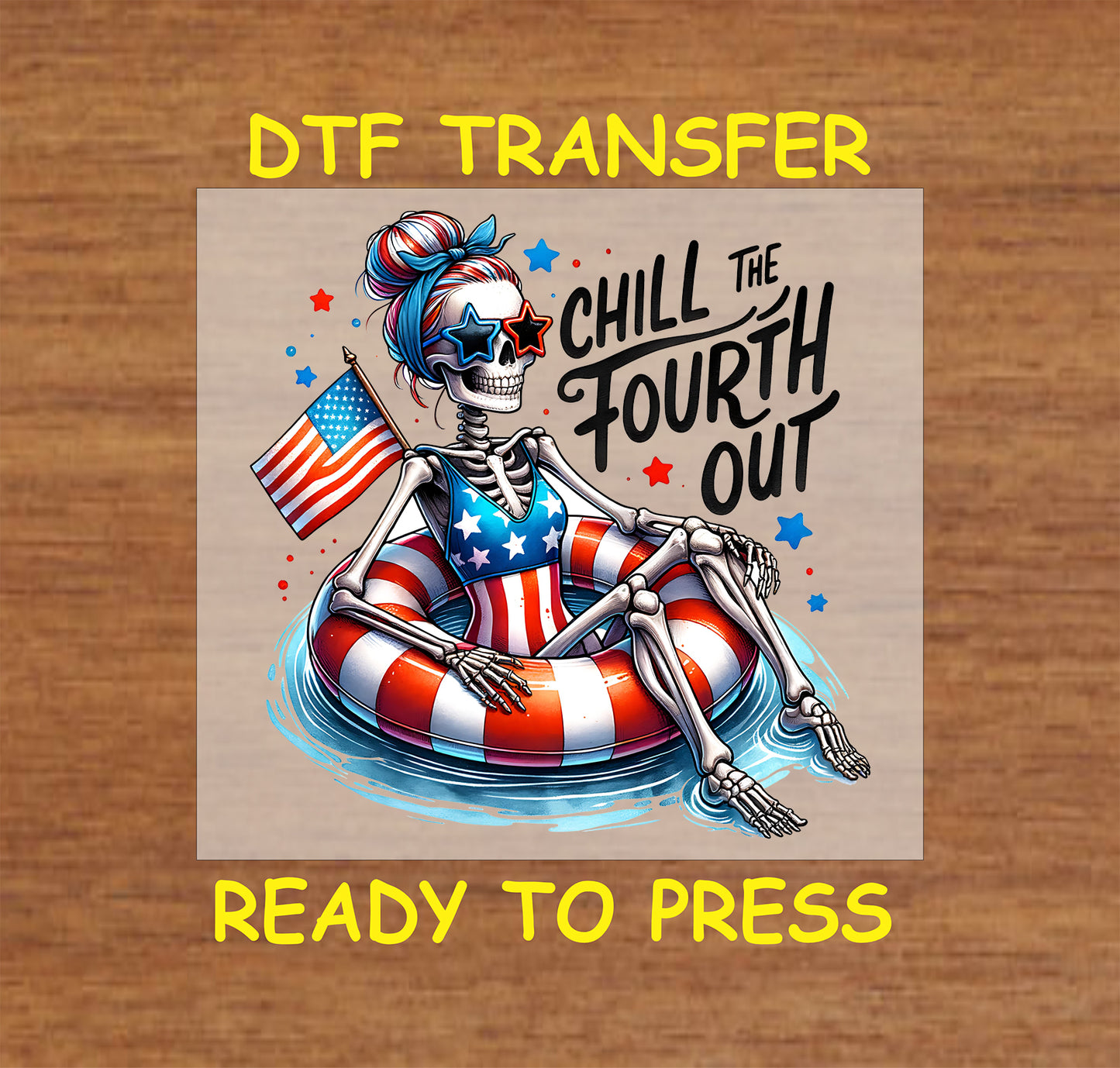 Skeleton in an American flag float wearing patriotic sunglasses, holding a USA flag with "Chill the Fourth Out" text.