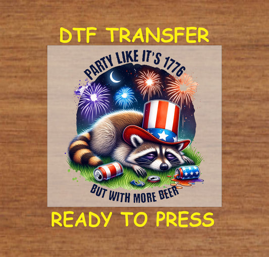 Funny raccoon in a patriotic hat with "Party Like It’s 1776" text, fireworks, and beer cans.