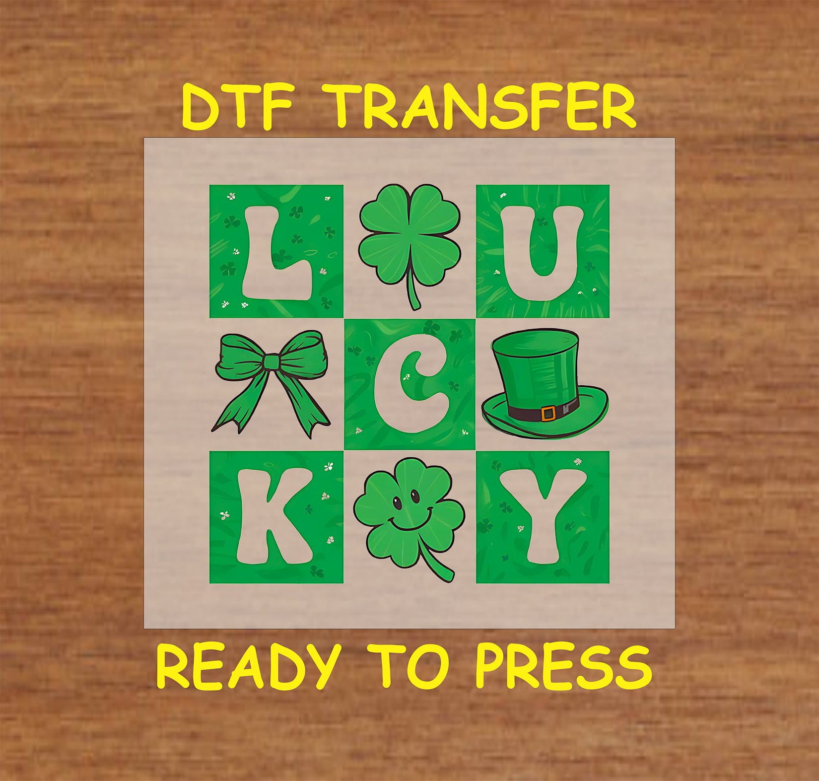 Lucky block letters St. Patrick’s Day DTF transfer with shamrocks, bow, and leprechaun hat.
