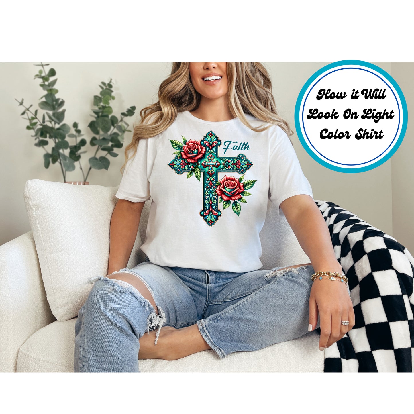 Easter DTF Transfer Iron On Heat Transfer - Ready to Press, Faith Cross with Roses DTF Transfer | Ready to Press | Easter Design 4662