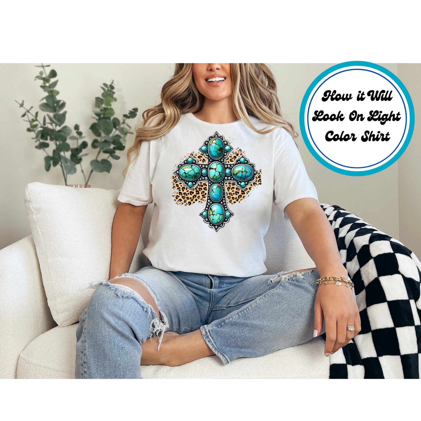 Easter DTF Transfer Iron On Heat Transfer - Ready to Press, Turquoise Western Cross DTF Transfer | Ready to Press | Easter Design 4676