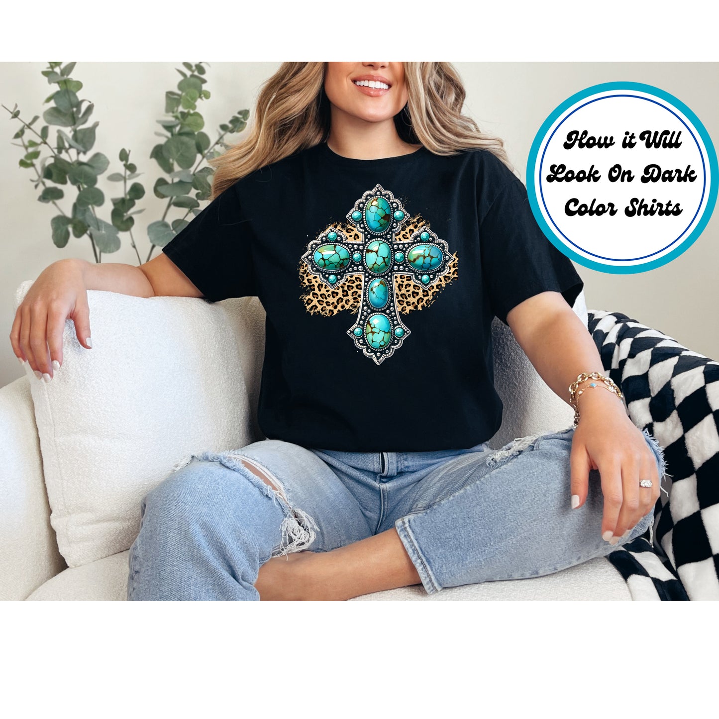 Easter DTF Transfer Iron On Heat Transfer - Ready to Press, Turquoise Western Cross DTF Transfer | Ready to Press | Easter Design 4676