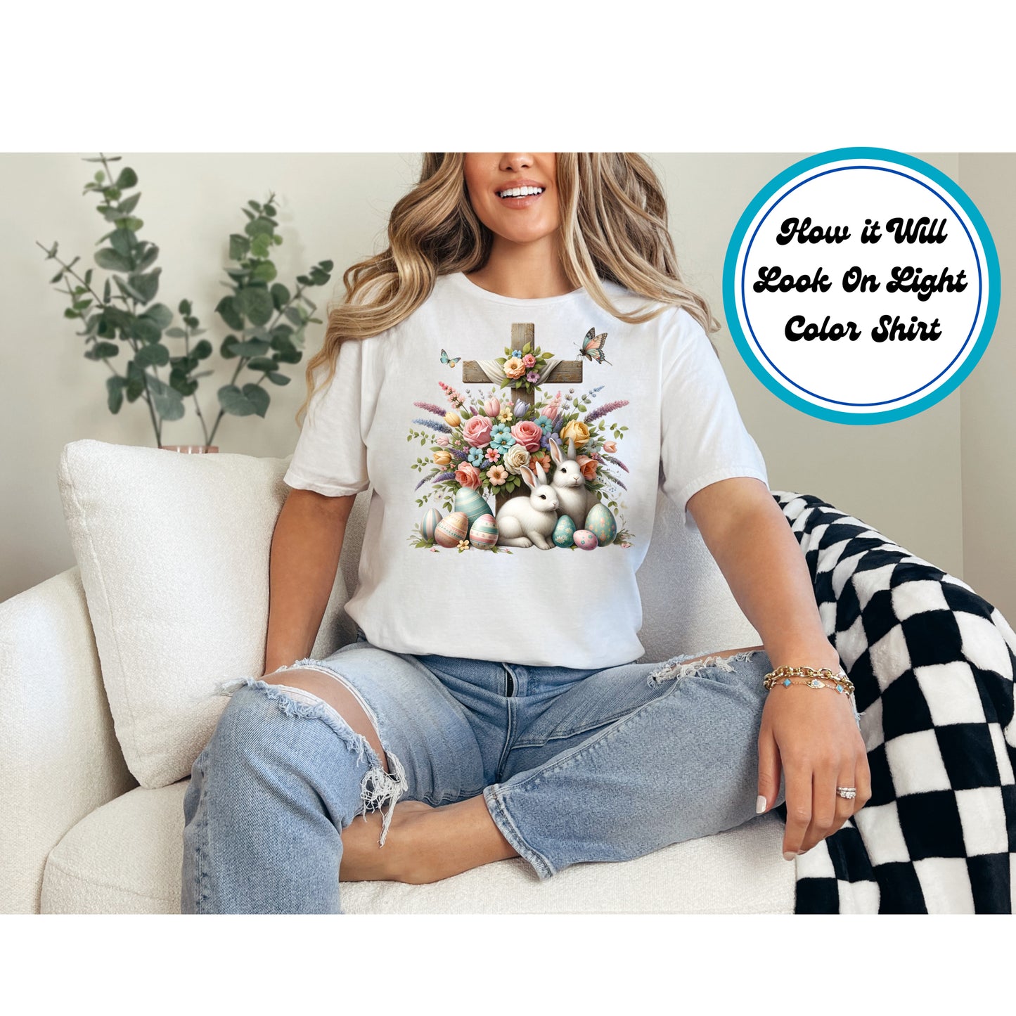 Easter DTF Transfer Iron On Heat Transfer - Ready to Press, Floral Cross with Bunnies DTF Transfer | Ready to Press | Easter Design 4679