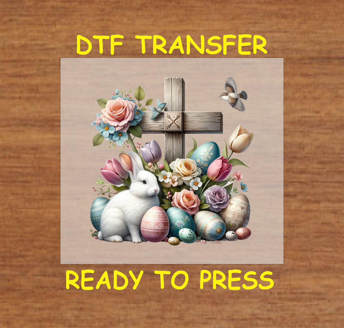 Rustic wooden cross with pastel flowers, decorated eggs, and a white bunny.