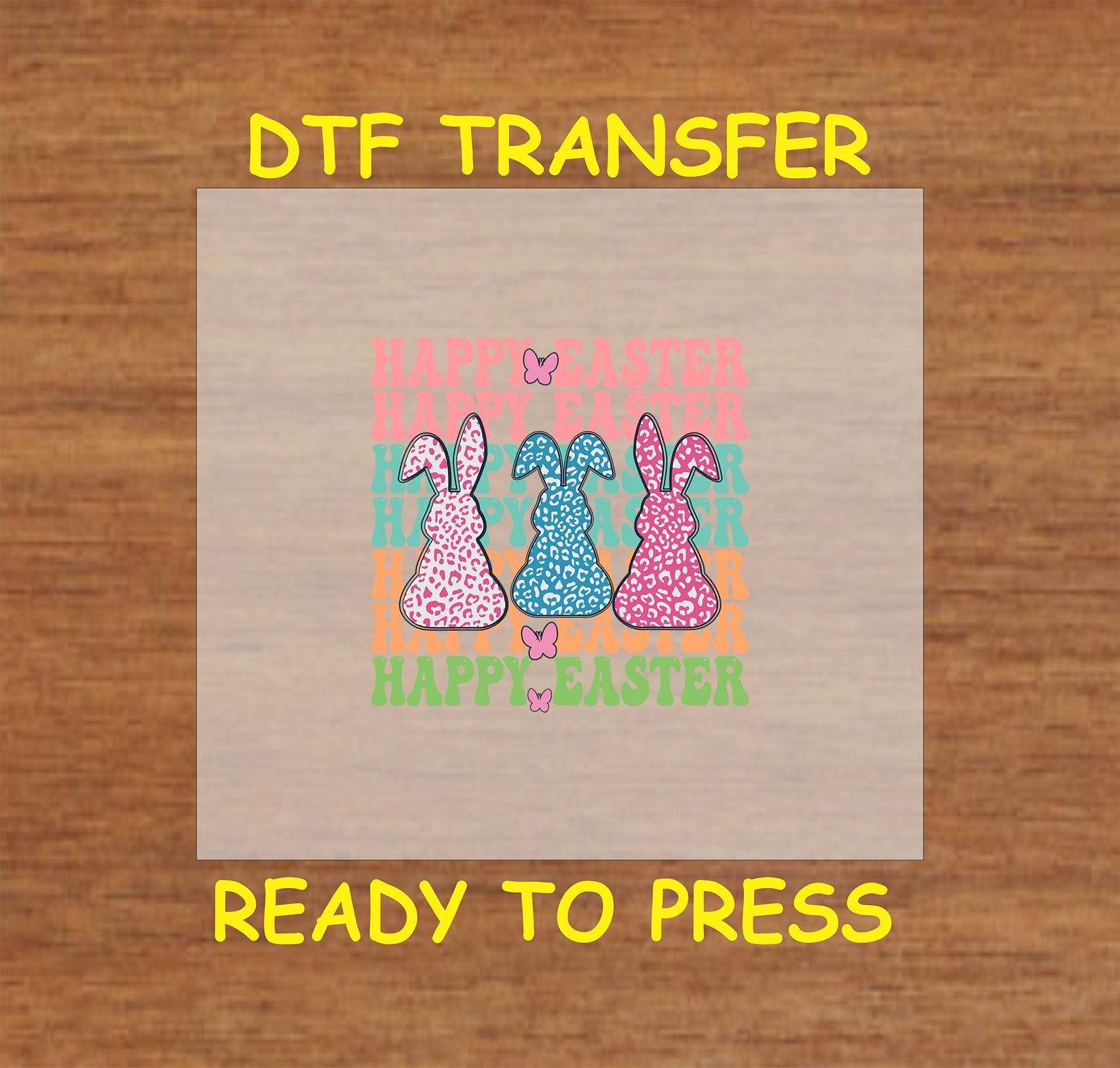 Happy Easter DTF transfer with three leopard-print bunnies and colorful text.