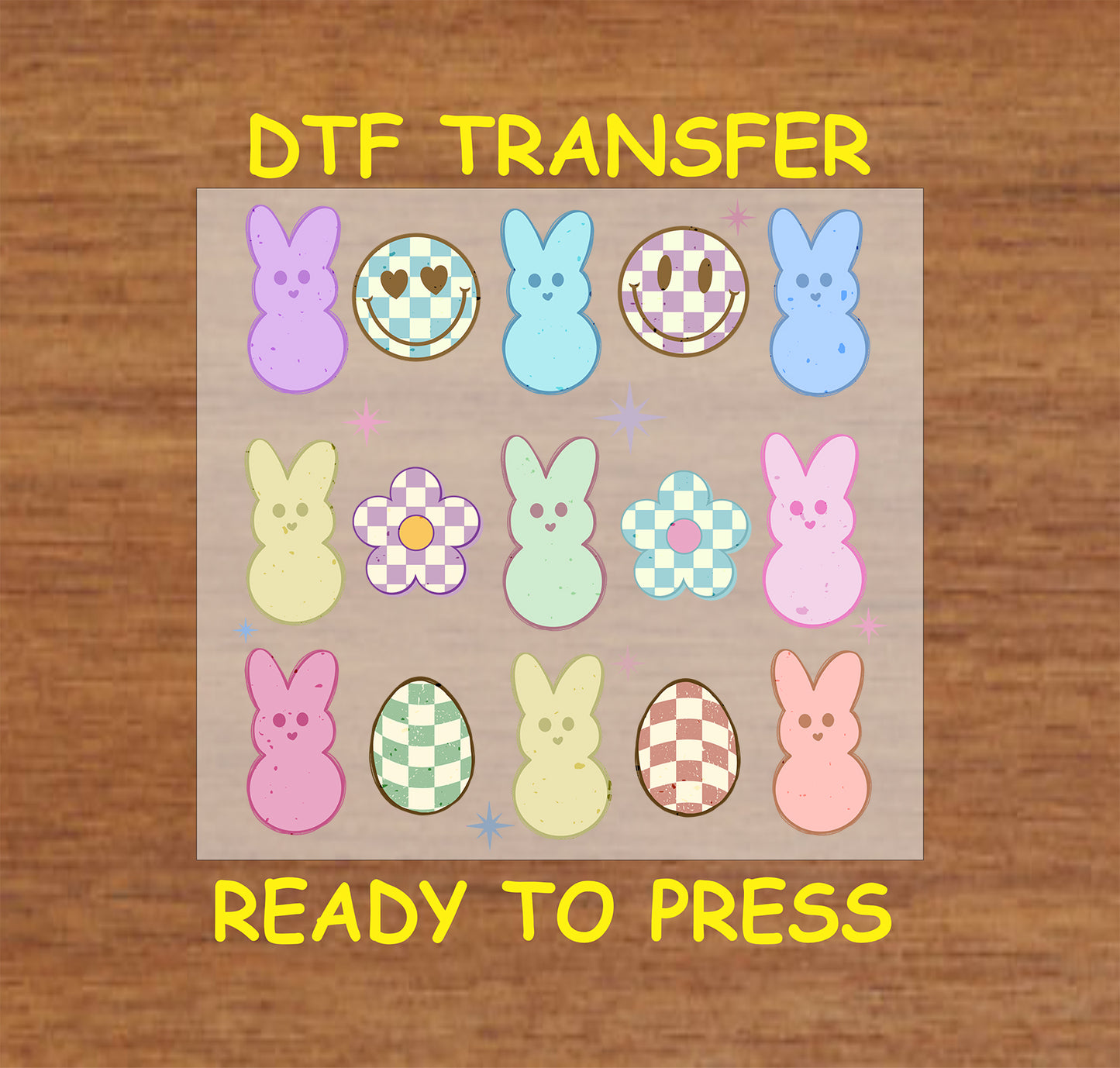 DTF transfer with pastel bunnies, checkered eggs, and floral accents.