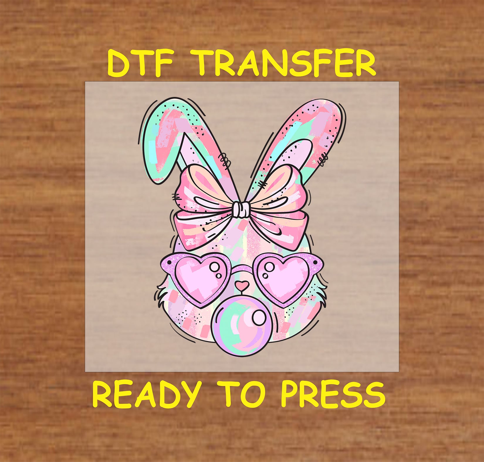 Pastel bunny with heart sunglasses, pink bow, and bubble gum pop.