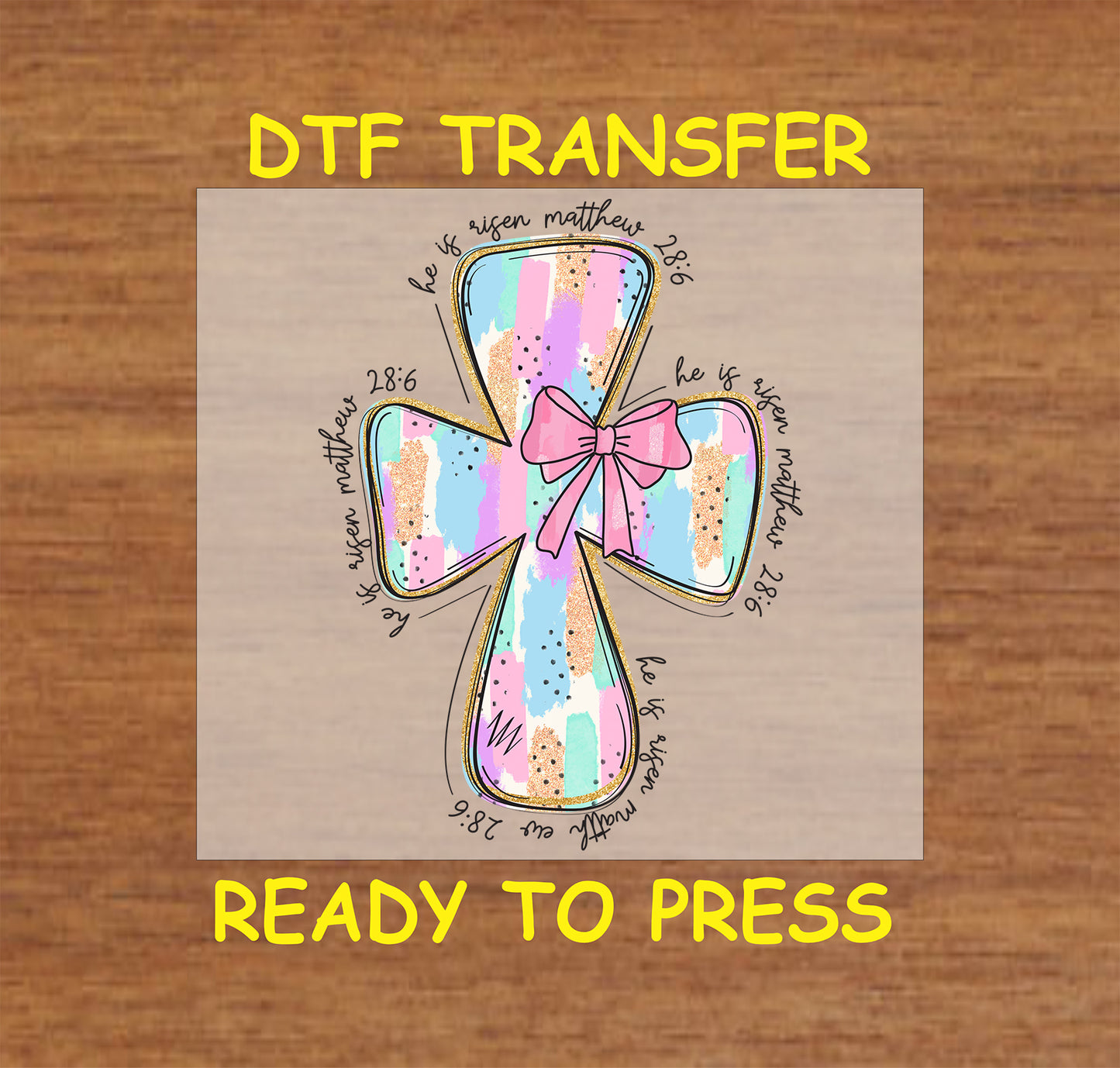 Pastel watercolor cross with a pink bow and Matthew 28:6 scripture surrounding it.