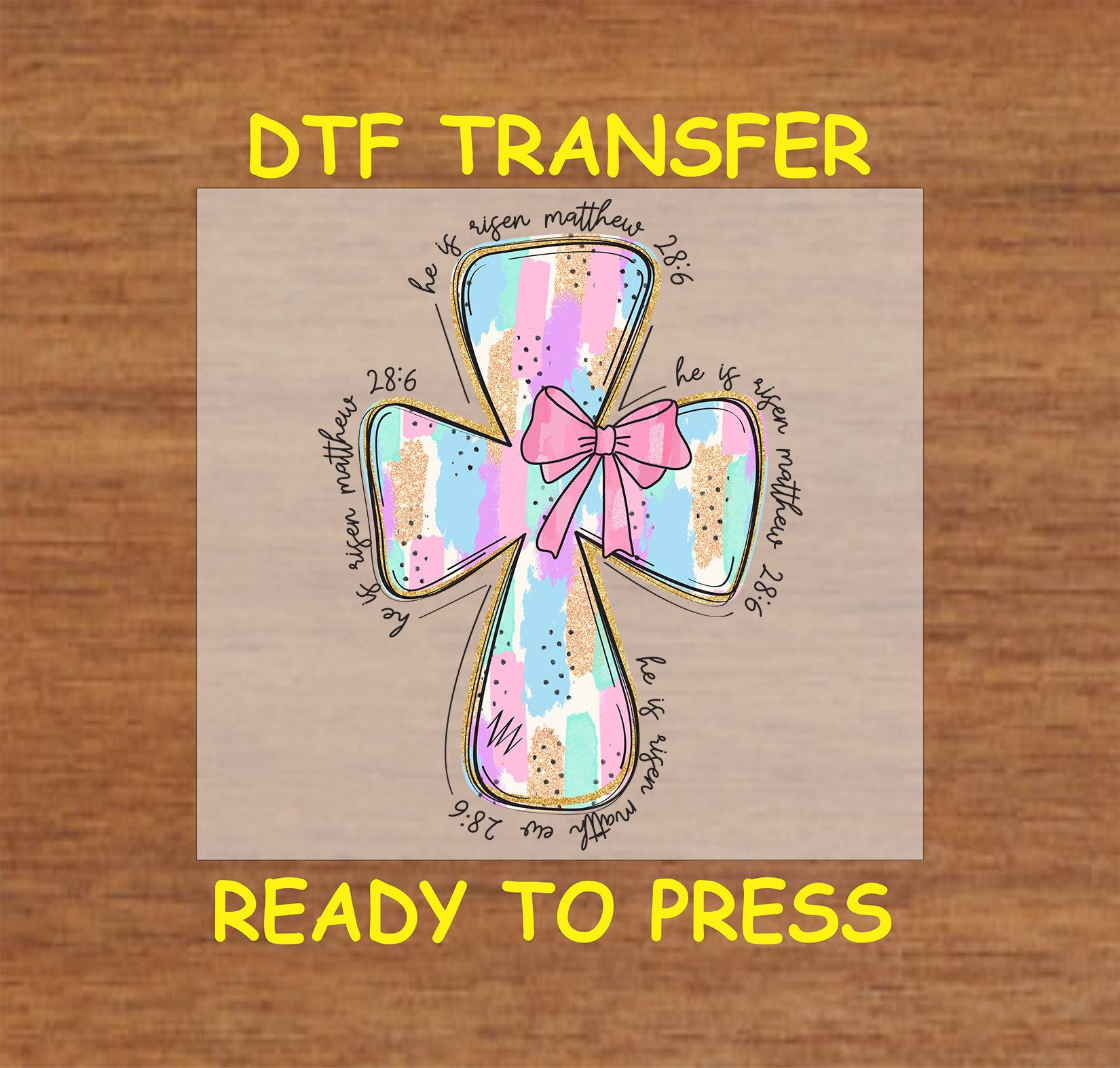 Pastel watercolor cross with a pink bow and Matthew 28:6 scripture surrounding it.