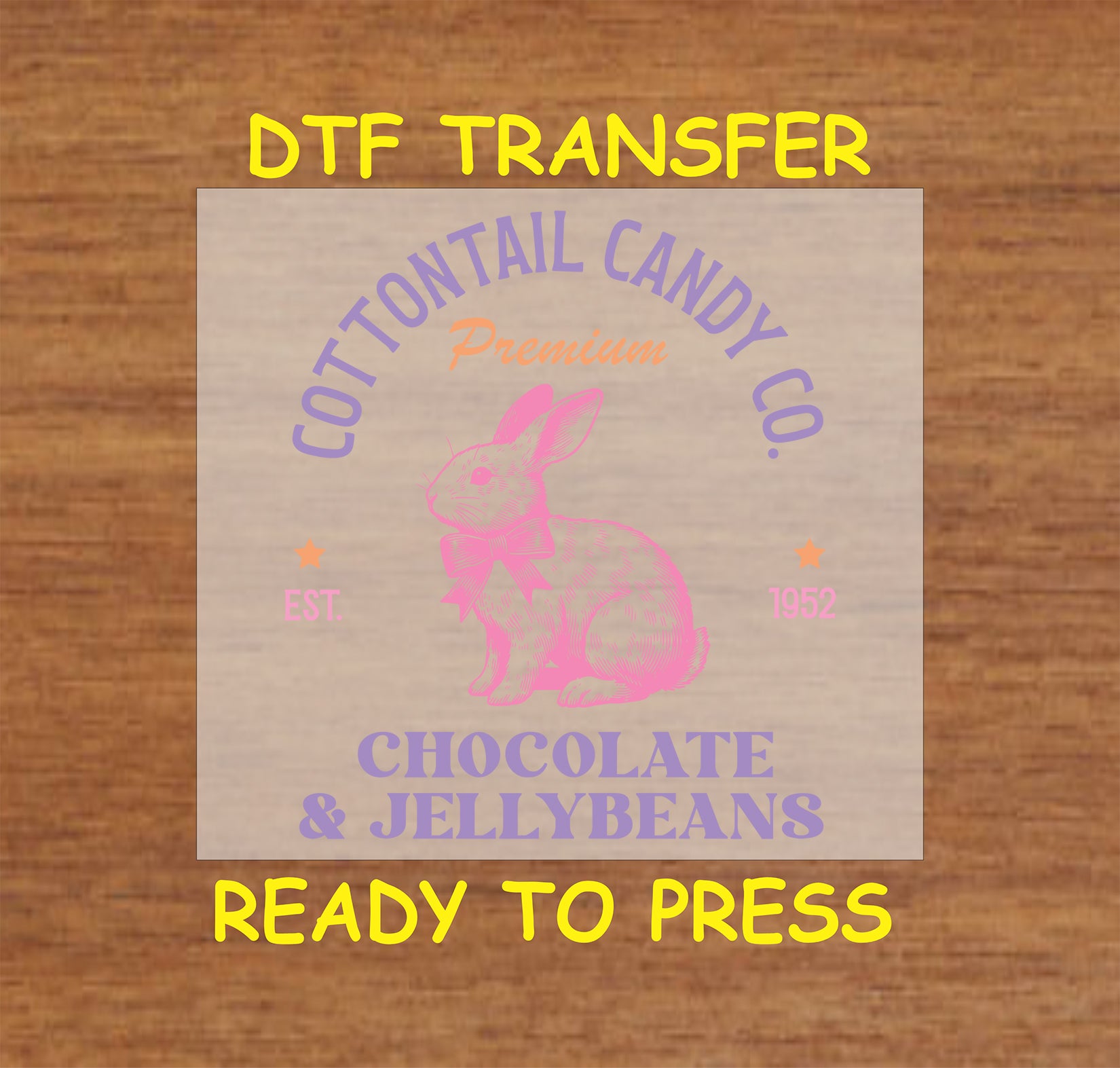 Vintage-style Easter bunny with "Cottontail Candy Co. Chocolate & Jellybeans" text.