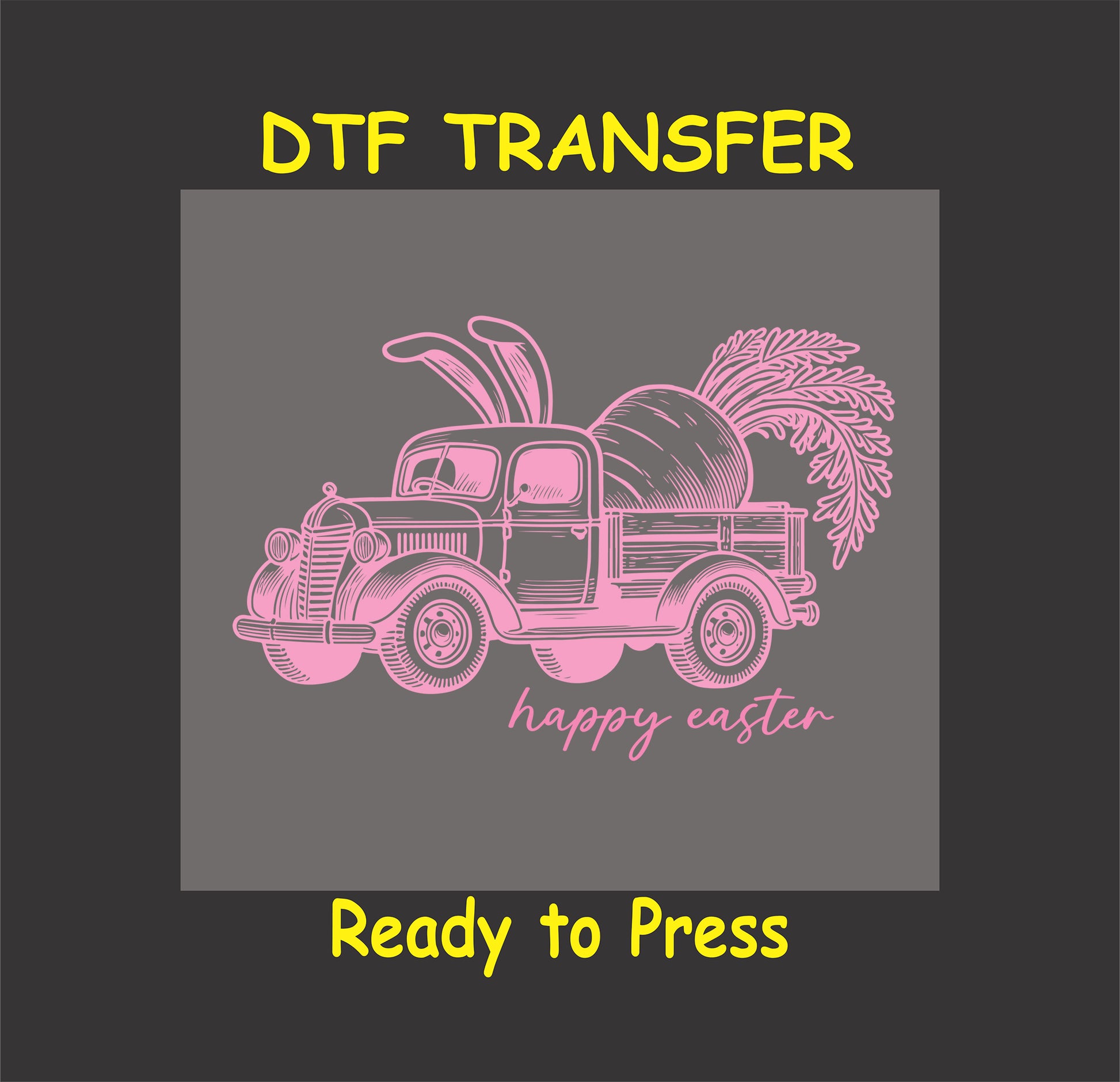 Vintage farm truck carrying a giant carrot with bunny ears, featuring "Happy Easter" text.
