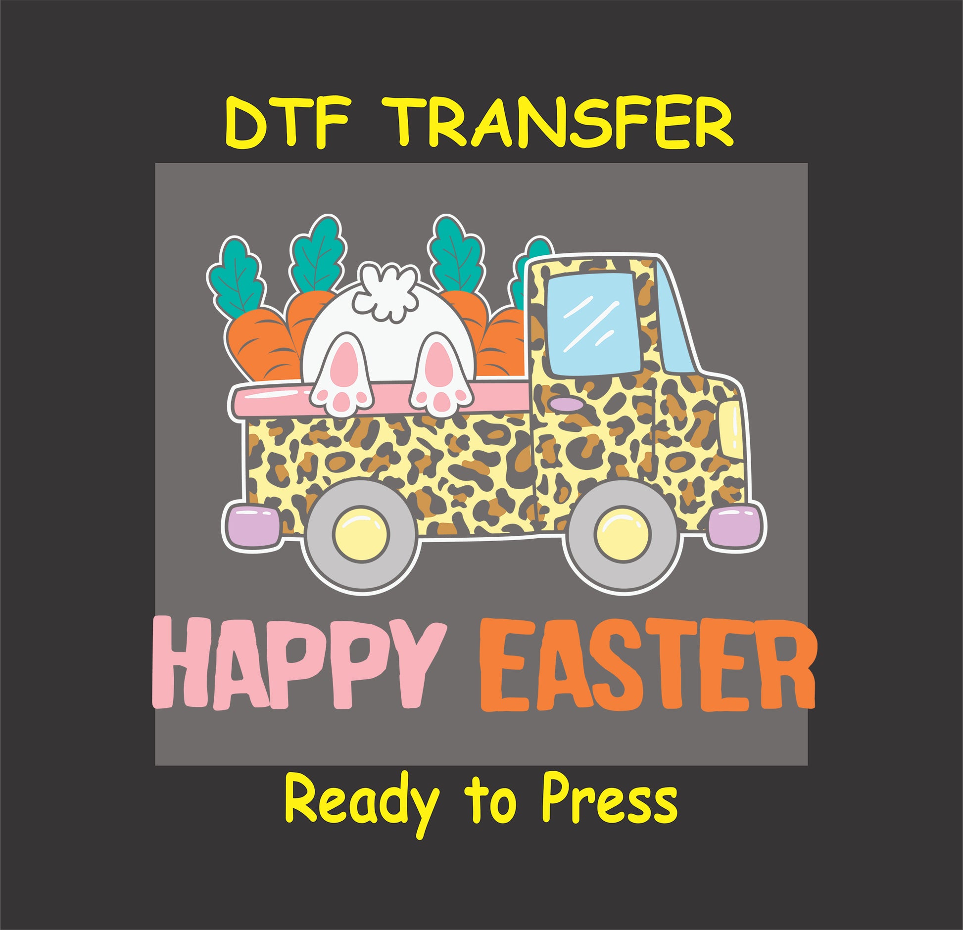 Leopard-print truck carrying a bunny and carrots with "Happy Easter" text.