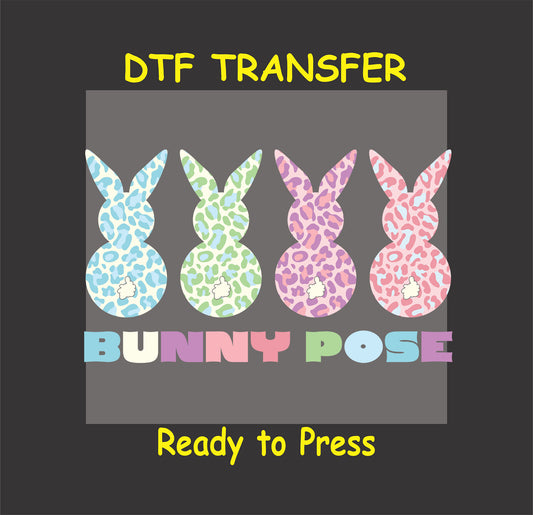 Four pastel leopard-print bunny silhouettes with fluffy tails, Easter DTF transfer.