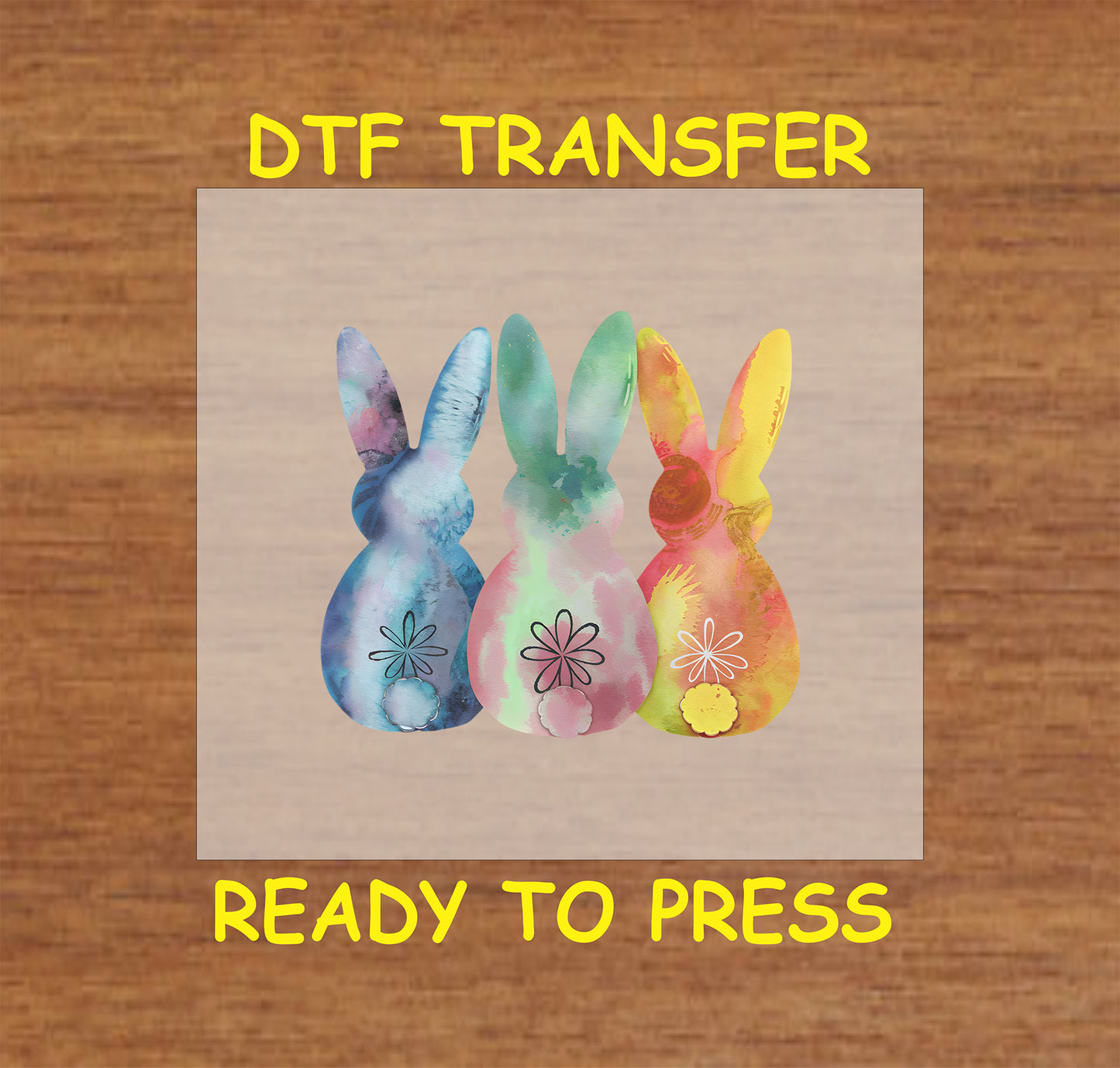 Three watercolor-style bunnies in pastel colors with floral details, Easter DTF transfer.