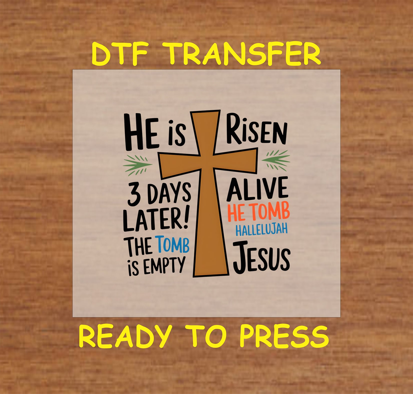 "He is Risen" text with a bold cross and scripture-inspired typography.