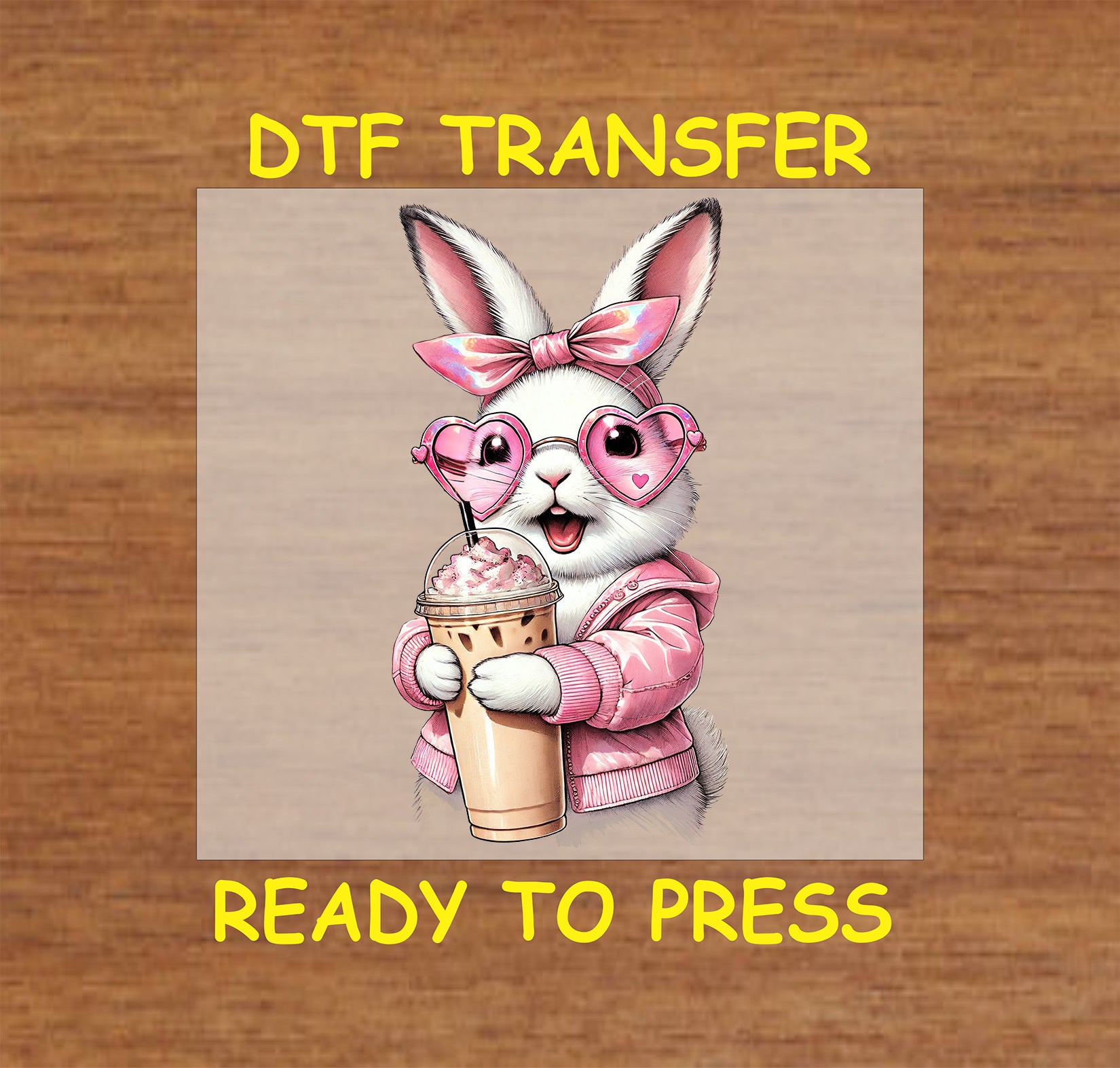 White bunny with heart sunglasses, pink bow, and coffee cup.