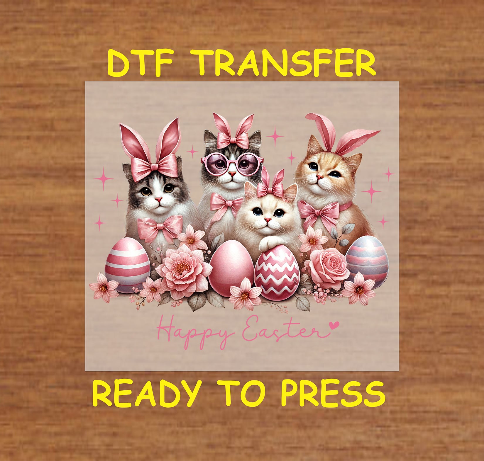  Four kittens with bunny ears, pink bows, and Easter eggs.