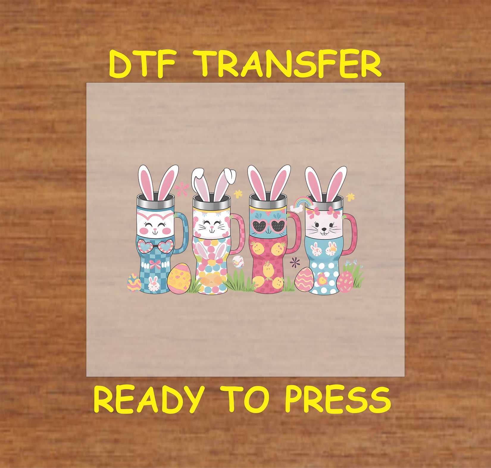 Easter Bunny Coffee Cups DTF transfer with four colorful coffee mugs styled as bunnies, decorated with spring designs and eggs.