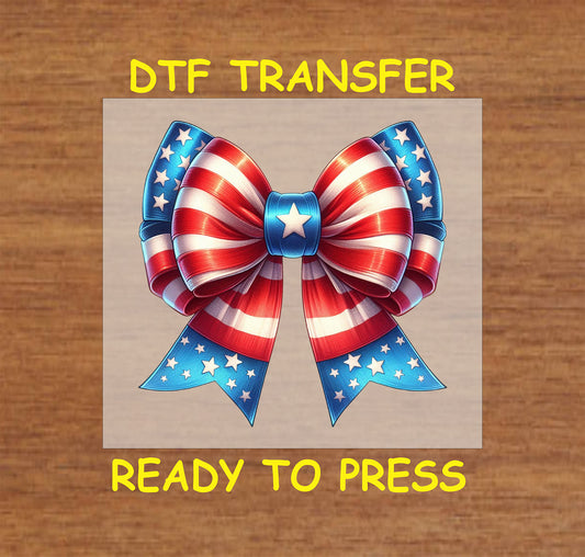 Red, white, and blue striped patriotic bow DTF transfer, perfect for Fourth of July or Memorial Day.