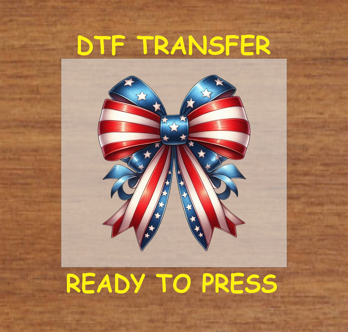 Patriotic red, white, and blue striped bow DTF transfer for Independence Day and Memorial Day.