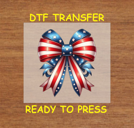Patriotic red, white, and blue striped bow DTF transfer for Independence Day and Memorial Day.