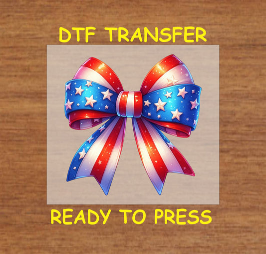Red, white, and blue striped bow with white stars DTF transfer for 4th of July celebrations.