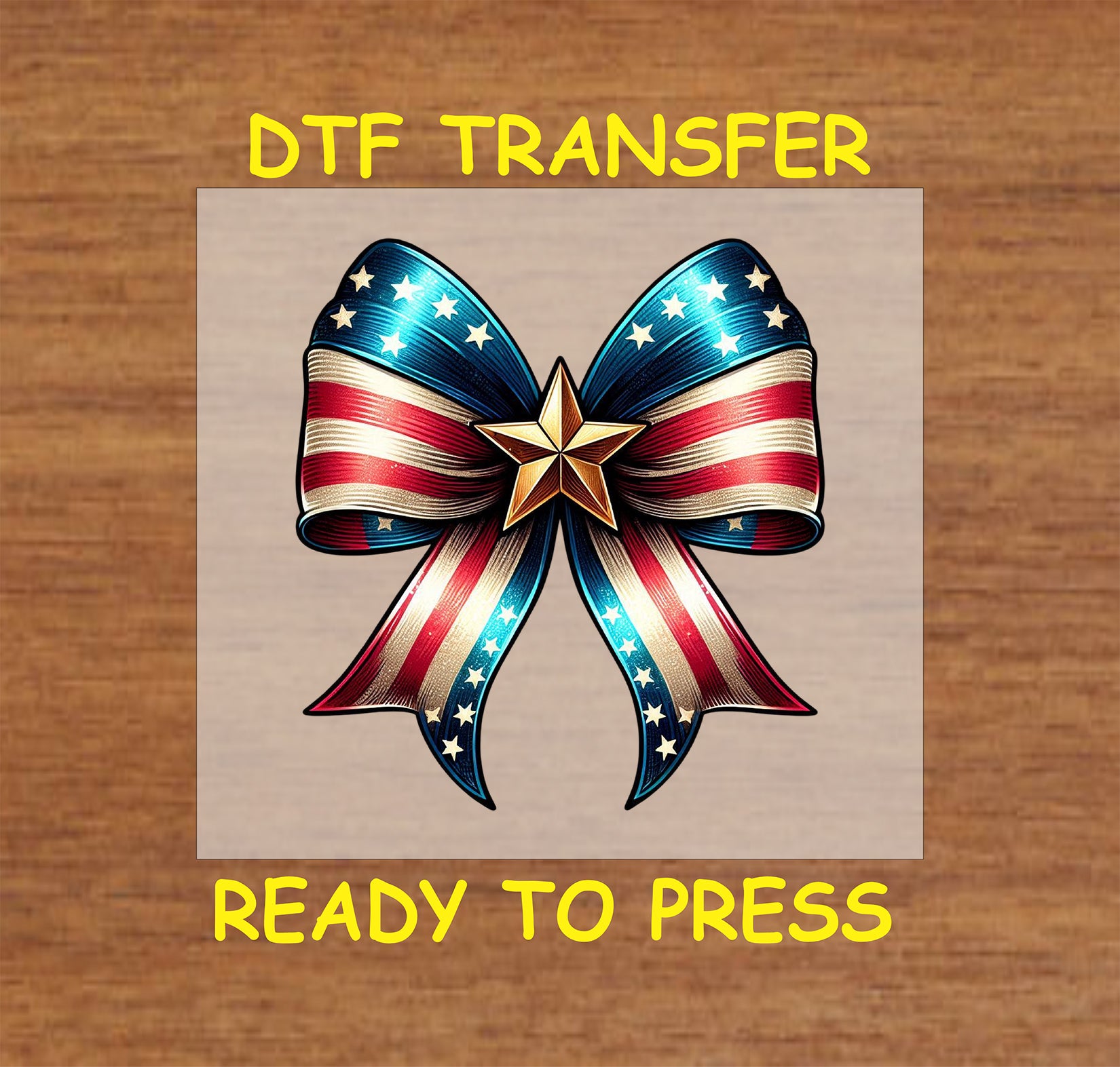 Stars and Stripes Bow with gold star DTF transfer for 4th of July.