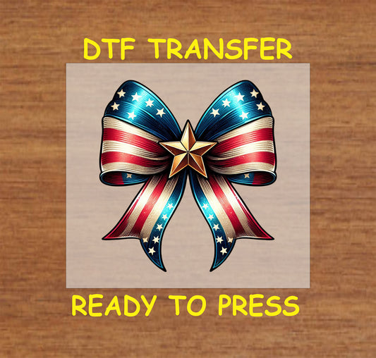 Stars and Stripes Bow with gold star DTF transfer for 4th of July.
