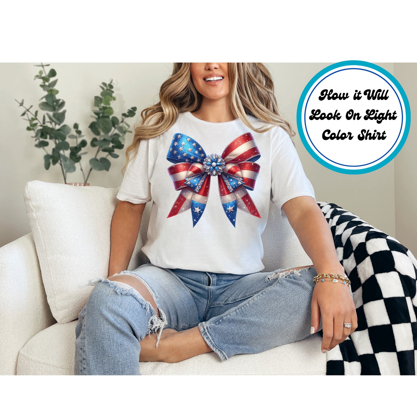 4th of July DTF Transfer Iron On Heat Transfer - Ready to Press, Patriotic Jeweled Bow DTF Transfer | Ready to Press | 4th of July Design 4910