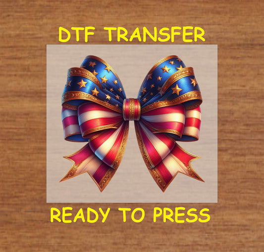 Patriotic stars and stripes bow with golden accents DTF transfer for 4th of July.
