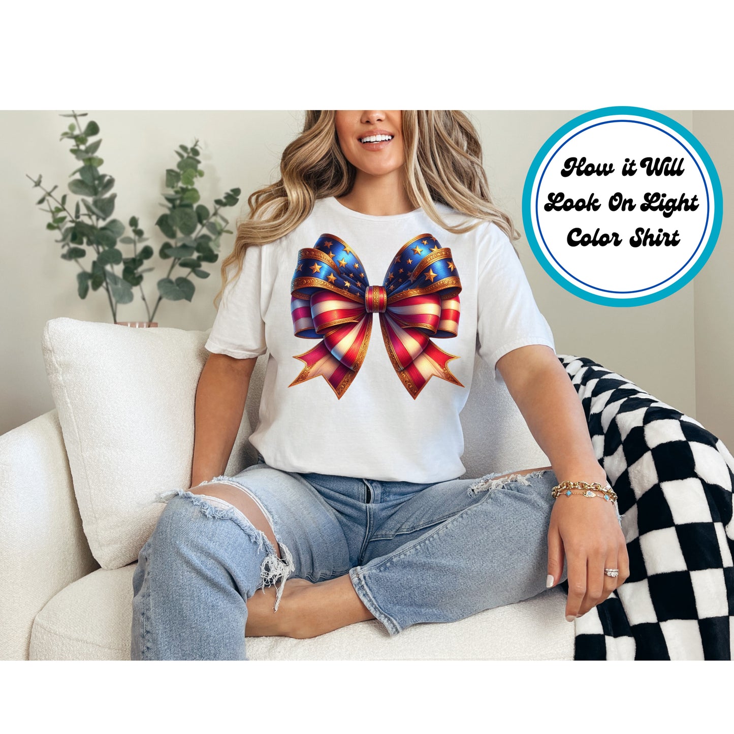 4th of July DTF Transfer Iron On Heat Transfer - Ready to Press, Golden Patriotic Bow DTF Transfer | Ready to Press | 4th of July Design 4911