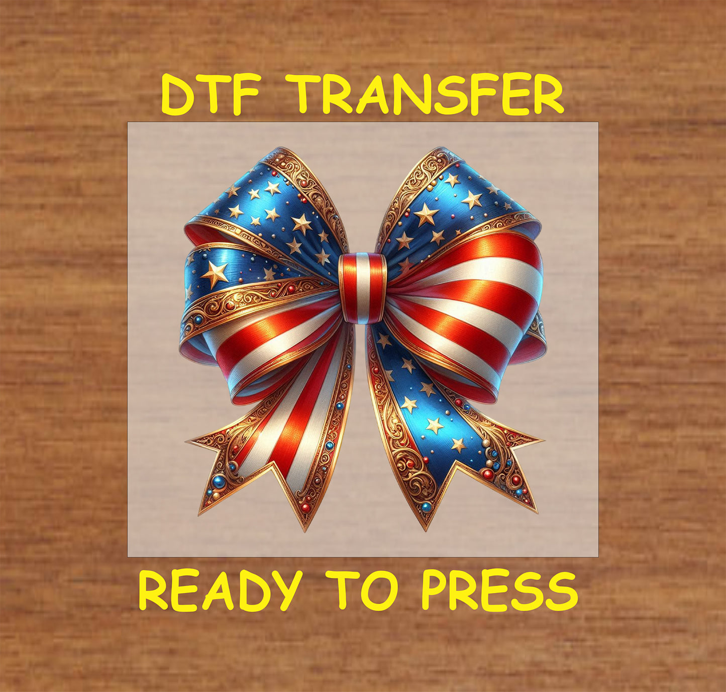 Patriotic red, white, and blue bow DTF transfer with golden stars and shiny accents for 4th of July.