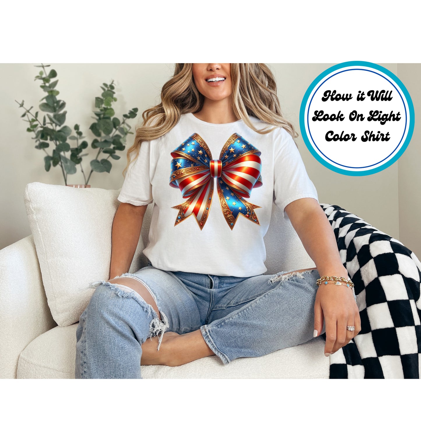 4th of July DTF Transfer Iron On Heat Transfer - Ready to Press, Golden Patriotic Bow DTF Transfer | Ready to Press | 4th of July Design 4912