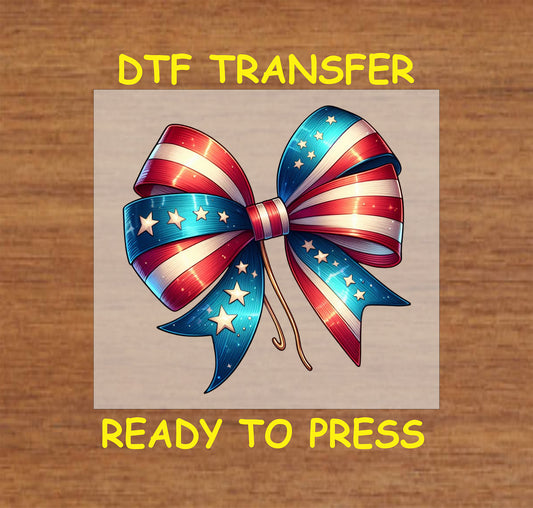 Patriotic star bow DTF transfer with red, white, and blue ribbons and stars for 4th of July.