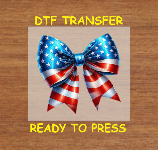 Patriotic star bow DTF transfer with red, white, and blue colors for 4th of July.