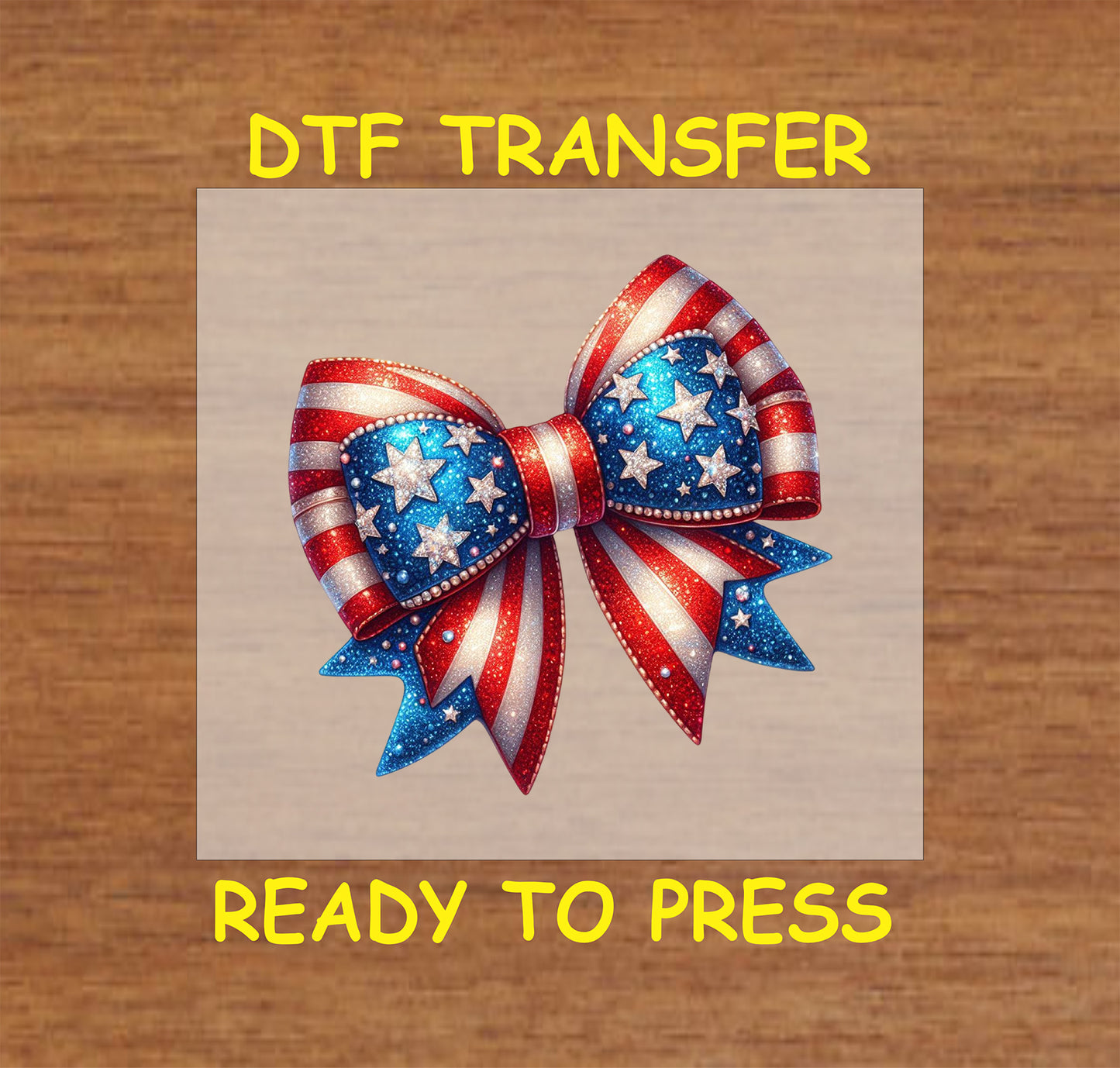 Patriotic star bow DTF transfer featuring red, white, and blue ribbons and stars, perfect for 4th of July.