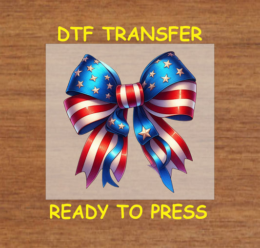 Patriotic star bow DTF transfer with red, white, and blue ribbons and stars, perfect for 4th of July fashion.