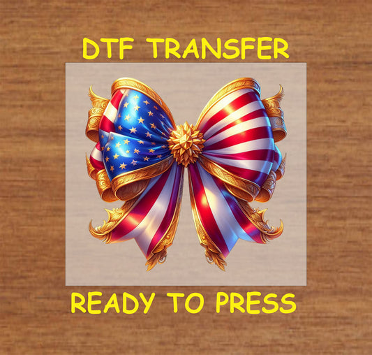 Golden Star Patriotic Bow DTF transfer with red, white, and blue ribbons and golden accents, featuring stars for 4th of July designs.