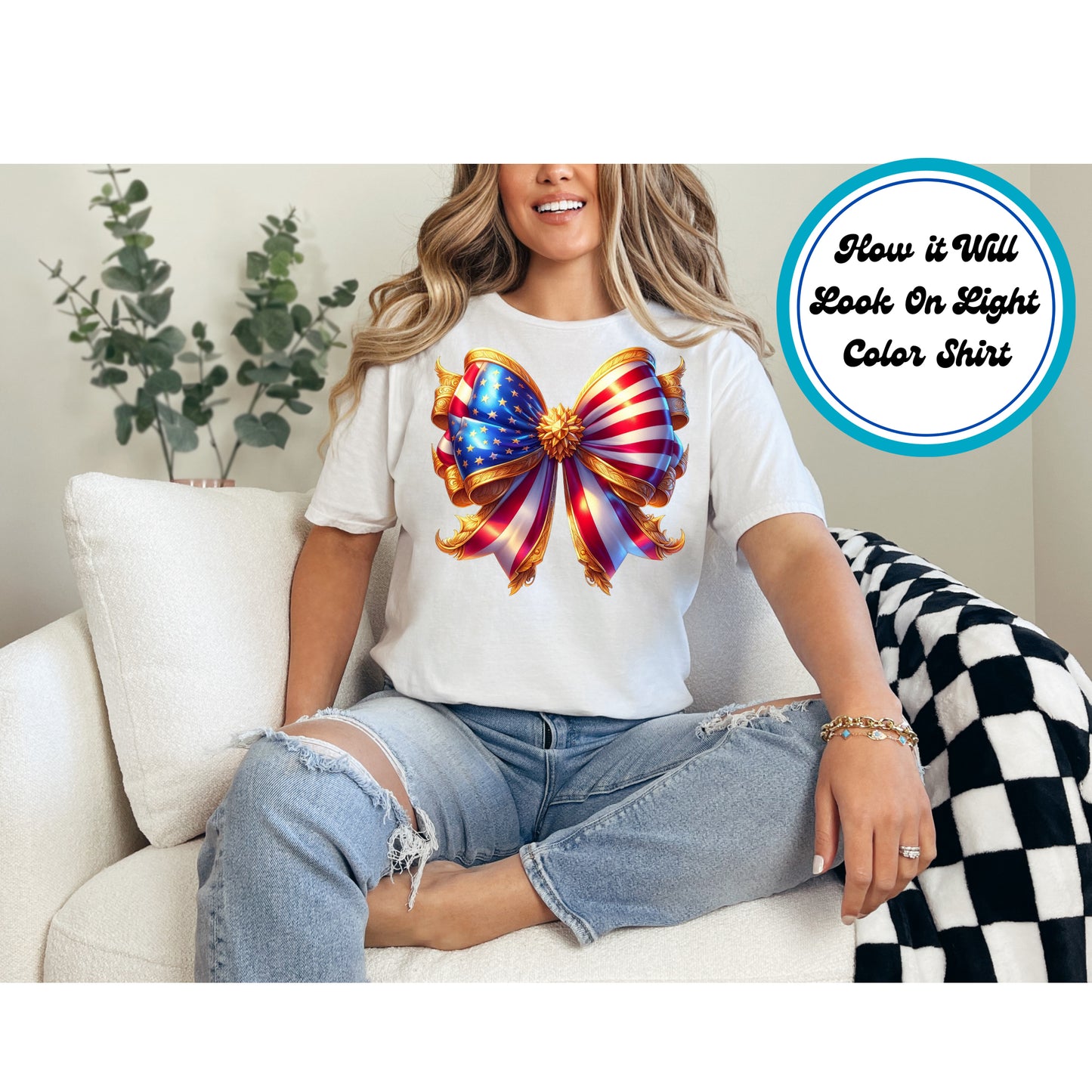 4th of July DTF Transfer Iron On Heat Transfer - Ready to Press, Golden Patriotic Bow DTF Transfer | Ready to Press | 4th of July Design 4920