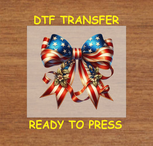 Patriotic bow DTF transfer with red, white, and blue ribbons, adorned with golden flowers, perfect for 4th of July celebrations.