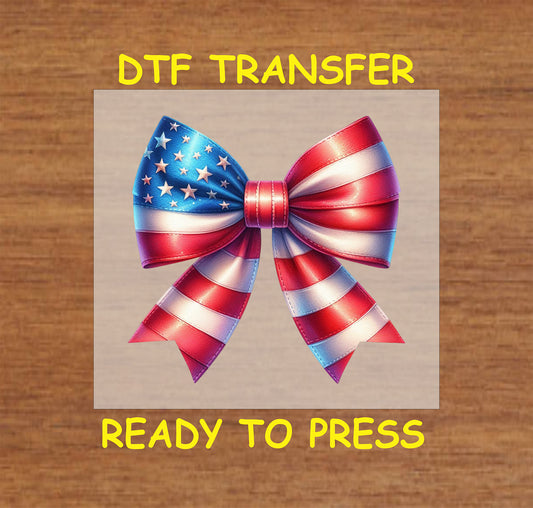 Fourth of July patriotic bow DTF transfer featuring red, white, and blue striped ribbons with stars for a festive and celebratory look.