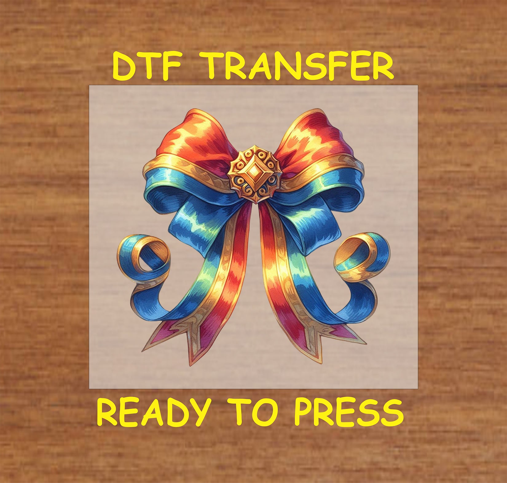 Fourth of July patriotic bow DTF transfer featuring colorful ribbons, golden embellishments, and star details in red, white, and blue.